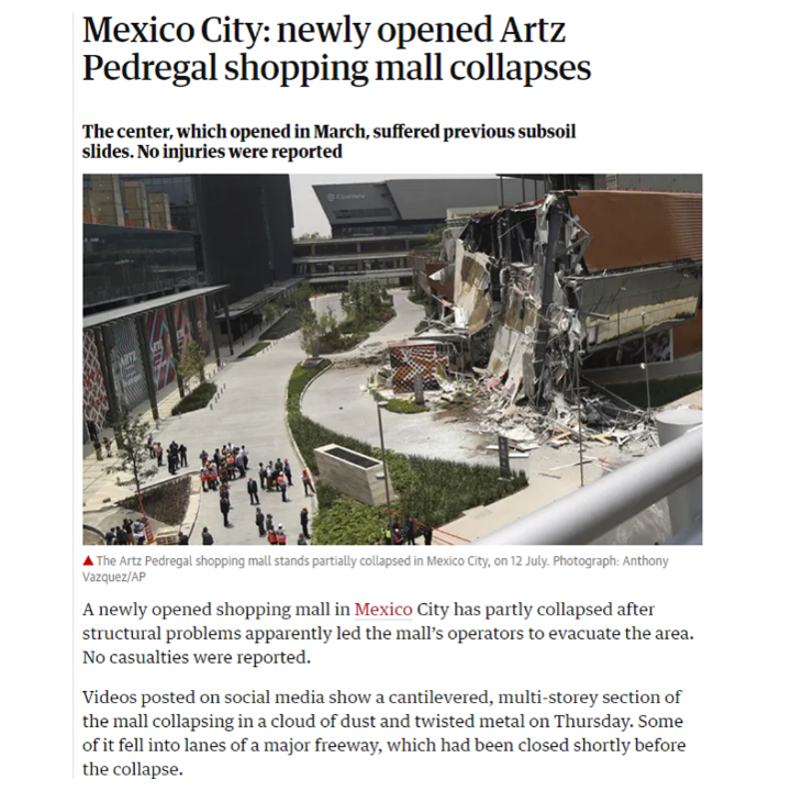 The Artz Pedregal shopping mall stands partially collapsed on the